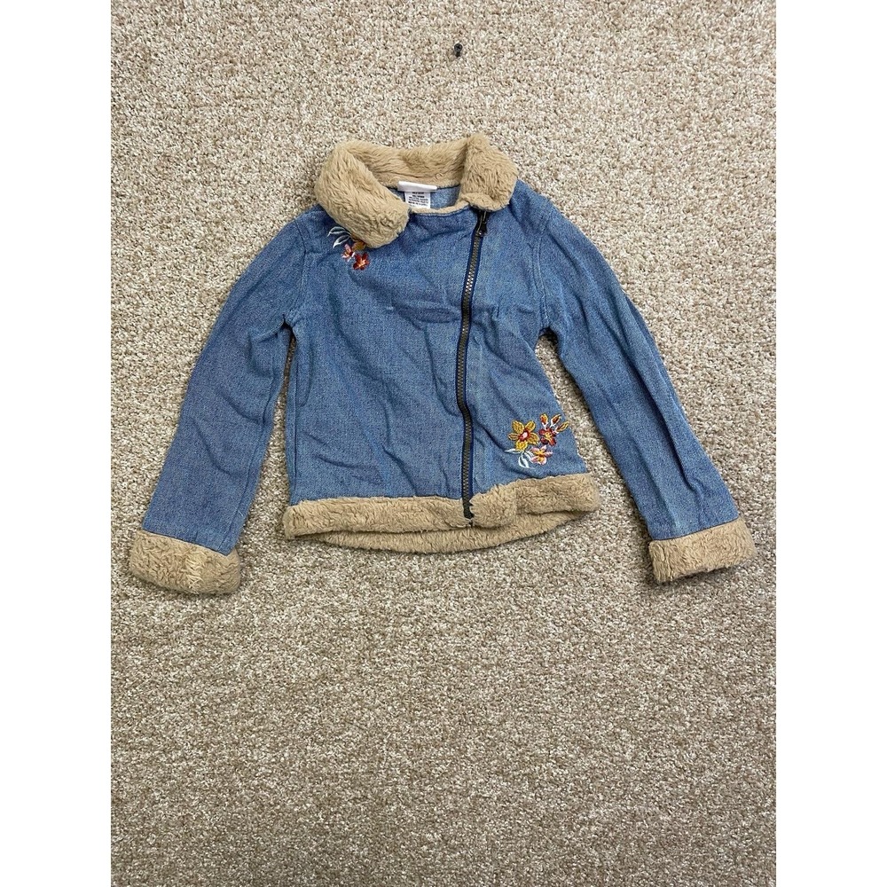 Little Lass‎ Toddler Girls 6 Denim Jacket Faux Fur Trim Embroidered Flowers Coat